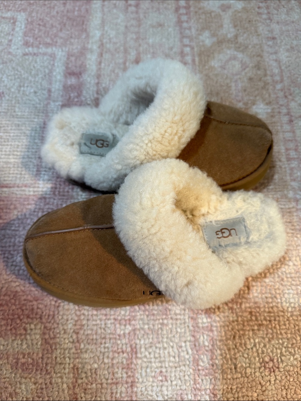 UGG Kids Chestnut Brown Suede Slippers with Cream Sheepskin Cuff